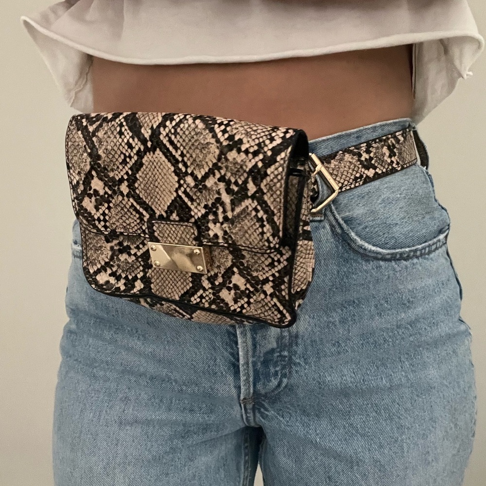 Faux Snakeskin Leather Belted Satchel Bag